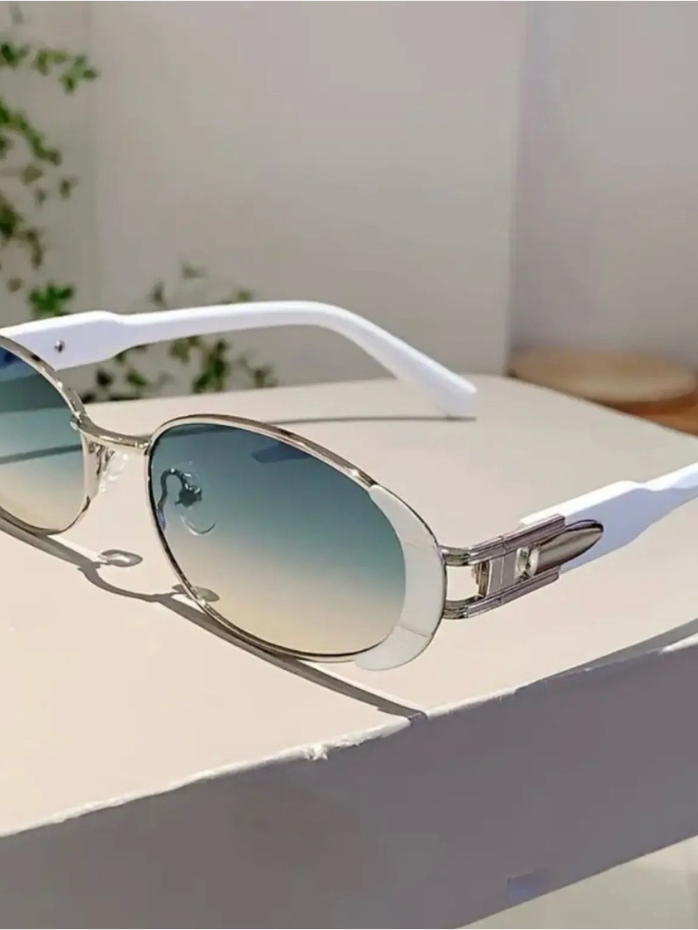 Amazon white silver oval retro Frame Gradient Blue  Sunglasses